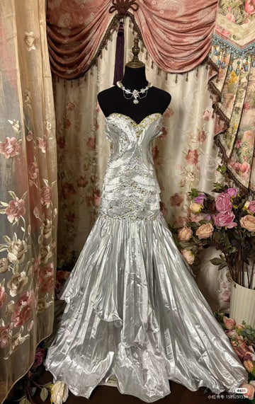 Vintage Silver Mermaid Strapless Pleated Beaded Satin Long Prom Dress Evening Dress HZ1023